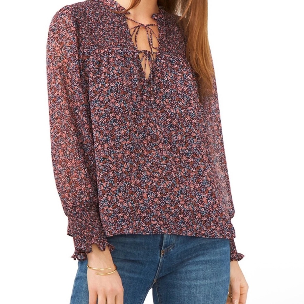 STATE - Winter Willow floral smocked tie neck yoke long sleeve top